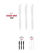 Image showing three sets of 7.5-inch disposable knives in different colors. The top row features White Plastic Disposable Knives with SKU 420K-WH. The bottom row presents black plastic knives with SKU 420K-BK on the left and clear knives with SKU 420K-CL on the right.