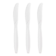 Three White Plastic Disposable Knives are aligned vertically side by side against a plain white background. The knives have simple, smooth handles and serrated edges.