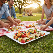 White with Gold Rim Rectangular Plastic Serving Trays Lifestyle | Smarty Had A Party