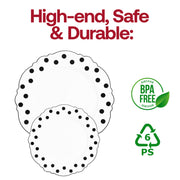 White with Black Dots Round Blossom Disposable Plastic Salad Plates (7.5") BPA | Smarty Had A Party