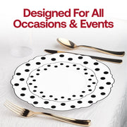 White with Black Dots Round Blossom Disposable Plastic Salad Plates (7.5") Lifestyle | Smarty Had A Party