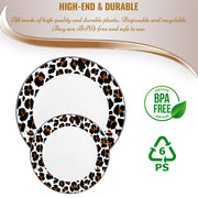 White with Black and Brown Leopard Print Rim Round Disposable Plastic Appetizer/Salad Plates (7.5") | Smarty Had A Party