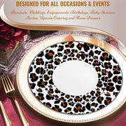 White with Black and Brown Leopard Print Rim Round Disposable Plastic Dinnerware Value Set | Smarty Had A Party