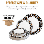 White with Black and Brown Leopard Print Rim Round Disposable Plastic Dinnerware Value Set | Smarty Had A Party