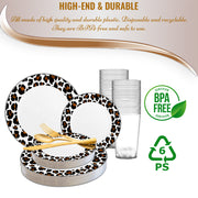 White with Black and Brown Leopard Print Rim Round Disposable Plastic Wedding Value Set | Smarty Had A Party