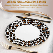 White with Black and Brown Leopard Print Rim Round Disposable Plastic Wedding Value Set | Smarty Had A Party