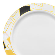 White with Black and Gold Abstract Squares Pattern Round Disposable Plastic Dinner Plates (10.25") | Smarty Had A Party