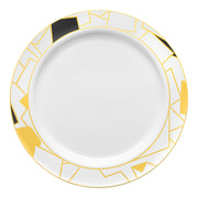 White with Black and Gold Abstract Squares Pattern Round Disposable Plastic Dinner Plates (10.25") Secondary | Smarty Had A Party
