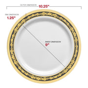 White with Black and Gold Royal Rim Plastic Dinner Plates (10.25") Dimension | Smarty Had A Party