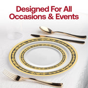 White with Black and Gold Royal Rim Plastic Dinner Plates (10.25") Lifestyle | Smarty Had A Party