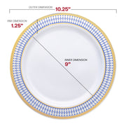 White with Blue and Gold Chord Rim Plastic Dinner Plates (10.25") Dimension | Smarty Had A Party