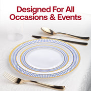 White with Blue and Gold Chord Rim Plastic Dinner Plates (10.25") Lifestyle | Smarty Had A Party