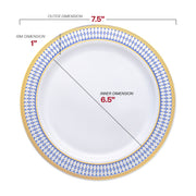 White with Blue and Gold Chord Rim Plastic Dinnerware Value Set Dimension | Smarty Had A Party
