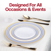 White with Blue and Gold Chord Rim Plastic Dinnerware Value Set Lifestyle | Smarty Had A Party