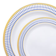 White with Blue and Gold Chord Rim Plastic Dinnerware Value Set | Smarty Had A Party