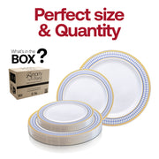 White with Blue and Gold Chord Rim Plastic Dinnerware Value Set Quantity | Smarty Had A Party