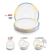 White with Blue and Gold Harmony Rim Plastic Appetizer/Salad Plates (7.5") SKU | Smarty Had A Party