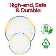 White with Blue and Gold Harmony Rim Plastic Dinner Plates (10.25") BPA | Smarty Had A Party