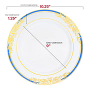 White with Blue and Gold Harmony Rim Plastic Dinner Plates (10.25") Dimension | Smarty Had A Party