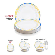 White with Blue and Gold Harmony Rim Plastic Dinner Plates (10.25") SKU | Smarty Had A Party