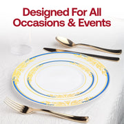 White with Blue and Gold Harmony Rim Plastic Dinnerware Value Set Lifestyle | Smarty Had A Party