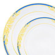 White with Blue and Gold Harmony Rim Plastic Dinnerware Value Set | Smarty Had A Party