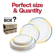 White with Blue and Gold Harmony Rim Plastic Dinnerware Value Set Quantity | Smarty Had A Party