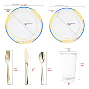 White with Blue and Gold Harmony Rim Plastic Wedding Value Set Dimension | Smarty Had A Party