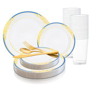 White with Blue and Gold Harmony Rim Plastic Wedding Value Set | Smarty Had A Party