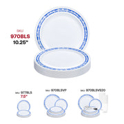 White with Blue and Silver Royal Rim Plastic Dinner Plates (10.25") SKU | Smarty Had A Party