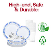 White with Blue and Silver Royal Rim Plastic Wedding Value Set | Smarty Had A Party