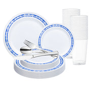 White with Blue and Silver Royal Rim Plastic Wedding Value Set | Smarty Had A Party