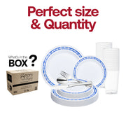White with Blue and Silver Royal Rim Plastic Wedding Value Set | Smarty Had A Party