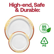 White with Burgundy and Gold Harmony Rim Plastic Appetizer/Salad Plates (7.5") BPA | Smarty Had A Party