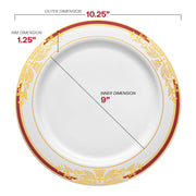 White with Burgundy and Gold Harmony Rim Plastic Dinner Plates (10.25") Dimension | Smarty Had A Party