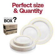 White with Gold Edge Rim Plastic Dinnerware Value Set Quantity | Smarty Had A Party