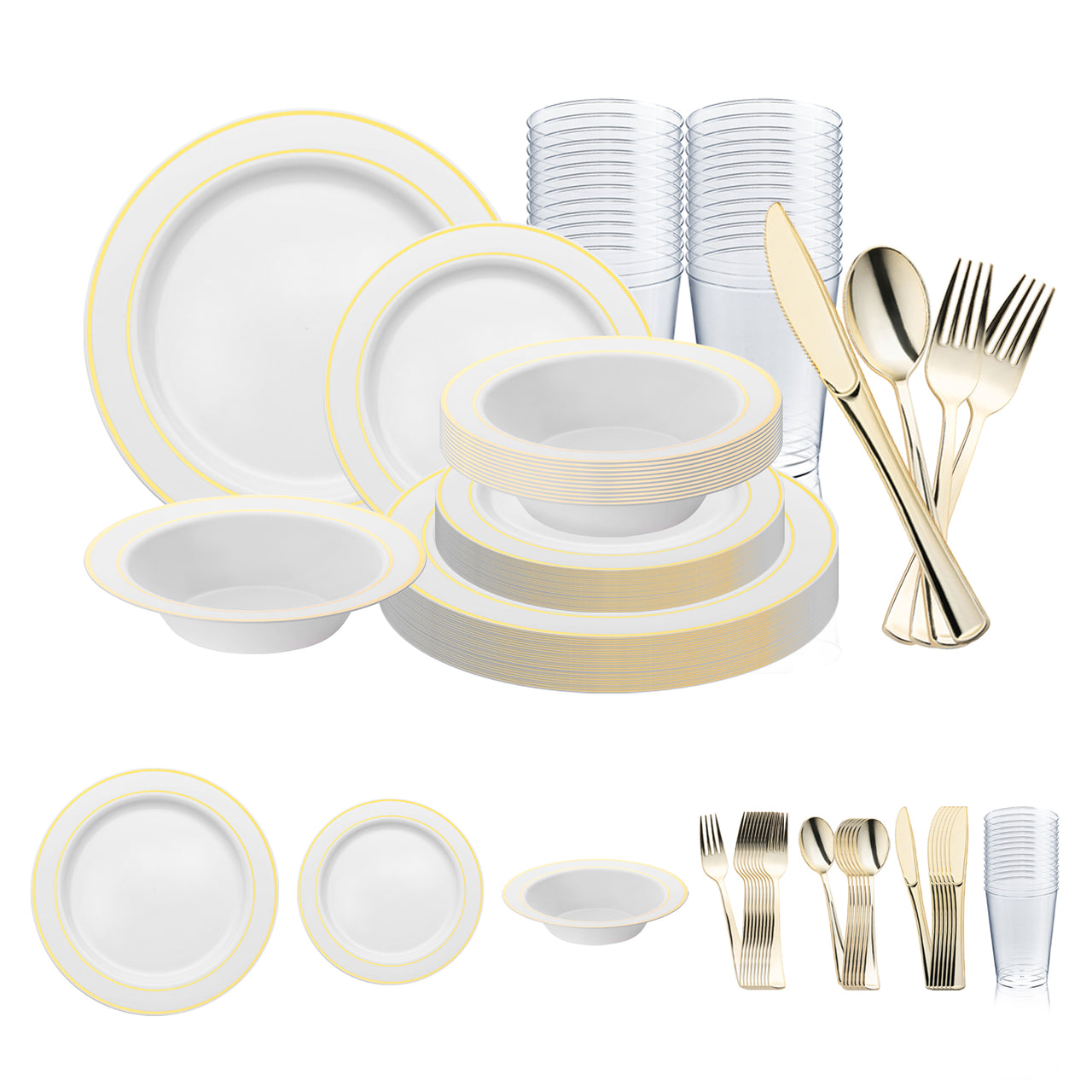 White with Gold Edge Rim Plastic Wedding Value Set - 120 Dinner Plates, 120 Salad Plates, 120 Bowls, 240 Forks, 120 Spoons, 120 Knives, 120 Cups
