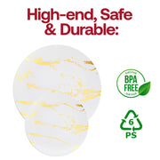 White with Gold Marble Stroke Round Disposable Plastic Appetizer/Salad Plates (7.5") BPA | Smarty Had A Party