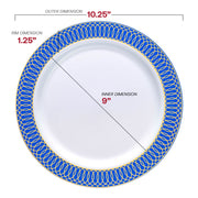 White with Gold Spiral on Blue Rim Plastic Dinner Plates (10.25") Dimension | Smarty Had A Party