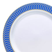 White with Gold Spiral on Blue Rim Plastic Dinner Plates (10.25") | Smarty Had A Party
