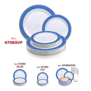 White with Gold Spiral on Blue Rim Plastic Dinnerware Value Set SKU | Smarty Had A Party