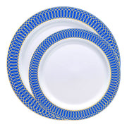 White with Gold Spiral on Blue Rim Plastic Dinnerware Value Set Secondary | Smarty Had A Party