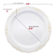White with Gold Vintage Rim Round Disposable Plastic Appetizer/Salad Plates (7.5") Dimension | Smarty Had A Party