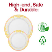 White with Pink and Gold Harmony Rim Plastic Dinner Plates (10.25") BPA | The Kaya Collection