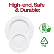 White with Silver Dots Round Blossom Disposable Plastic Salad Plates (7.5") BPA | Smarty Had A Party