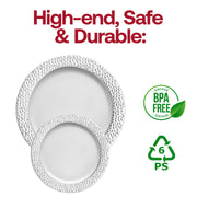 White with Silver Hammered Rim Round Plastic Dinner Plates (10.25") BPA | Smarty Had A Party