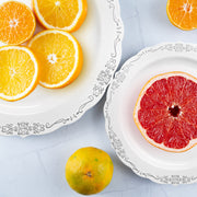 White with Silver Vintage Rim Round Disposable Plastic Appetizer/Salad Plates Lifestyle2 | Smarty Had A Party