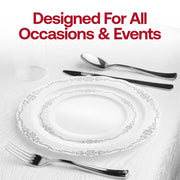 White with Silver Vintage Rim Round Disposable Plastic Dinner Plates Lifestyle | Smarty Had A Party