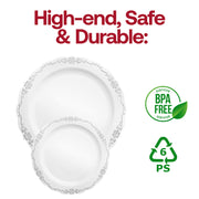 White with Silver Vintage Rim Round Disposable Plastic Dinnerware Value Set BPA | Smarty Had A Party