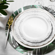 White with Silver Vintage Rim Round Disposable Plastic Dinnerware Value Set Lifestyle2 | Smarty Had A Party